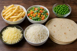 Frozen Fries, Mix Veg, Green Peas , Tortilla Bread, Mozzarella Cheese Shredded and Rice