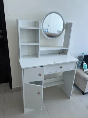 White Makeup Vanity Dressing Table with Round Mirror & Storage