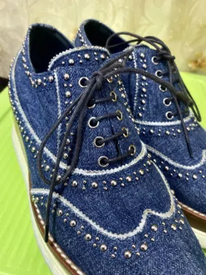Original Miu Miu Studded Denim Platform Wingtip Oxfords