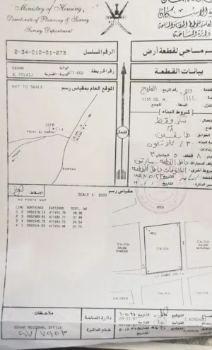 أرض سكينة مساحة كبيرة مسورة وسط حي سكني في الفليج ولاية صحم