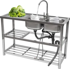 مجلى ستانلس ستيل حوضين مع رفوف وحنفية مكفول