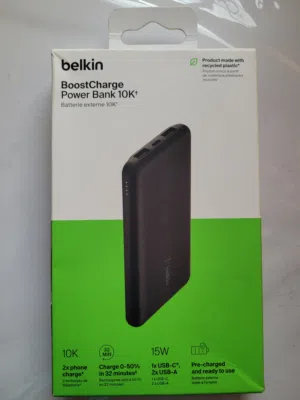 باور بانك Belkin بسعة 10000 مللي أمبير بقوة 15W Belkin power bank 10000 mAh, 15W 1×USB-C , 2×USB-A