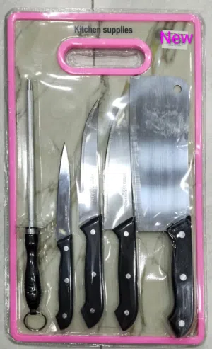 Chef Hat, Knives, Sharpener & Cutting Board Set.6-Piece Kitchen Essentials Set
