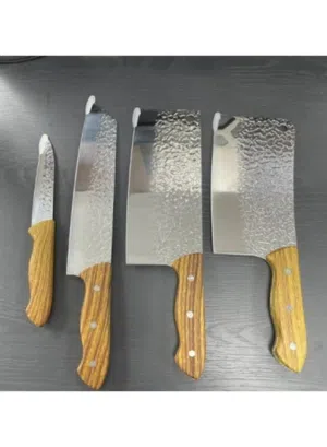 4-piece kitchen knife set featuring textured hammered blades and wooden handles.
