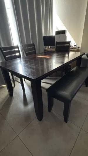 Wooden and leather tables and seats for sale