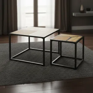 طقم طاولات قهوة متداخلة خشبية بتصميم صناعي وقاعدة معدنية سوداء - CT-18