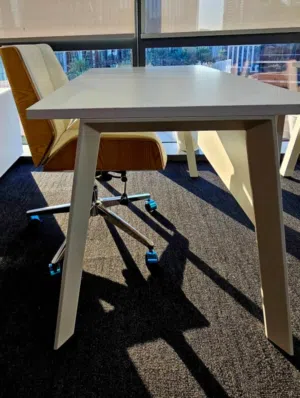2 wooden office desks with 2 modern White Leather Office Task Chair