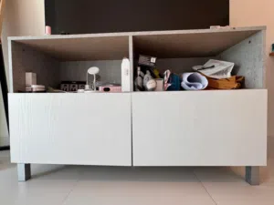 HOME BOX Compact TV stand — Grey Top with White Doors