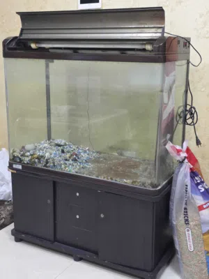 Big Aquarium for urgent sale with Fish Food, Filter & Decorations حوض سمك للبيع شامل جميع الاغراض