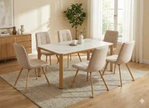 طقم طاولة طعام سطح أبيض مع 6 كراسي بيج - DT-301+602