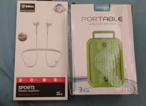 Portable Speaker + Wireless Earphones Bundle Charger Included