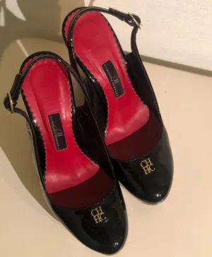 Carolina Herrera Black Patent Cork Wedge Platform Slingback Sandals Size 37