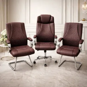 أطقم مكتبية جلد – لون بني فاخر فخامة التصميم تلتقي مع الراحة  طقم كراسي مكتبية بجلد بني فاخر