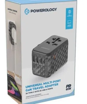 Powerology 65W Universal Multi-Port Travel Adapter, GaN Technology, Grey P65W3PD-GY