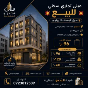 مبنى تجاري سكني للبيع  سوق الجمعة – 11 يونيو  الموقع: عرادة خلف جامع الزقلعي  شارع 12 متر مساحة 96م