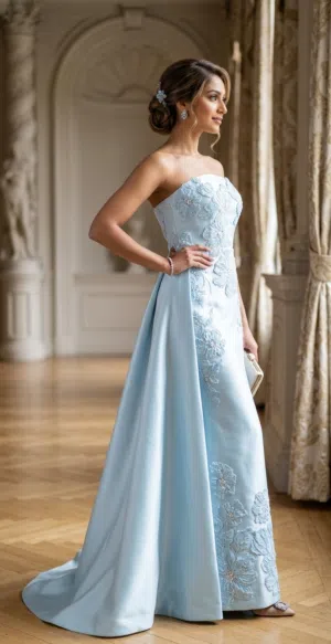 فستان سهرة ملكي راقي باللون السماوي - تصميم مميز جداً