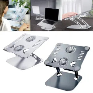 حامل وقاعدة لابتوب مع مراوح تبريد تصميم مدمج وأنيق يوفر مساحة على مكتب العمل