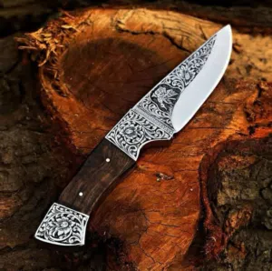 Decorating piece handmade steel engraved blade with wood handle