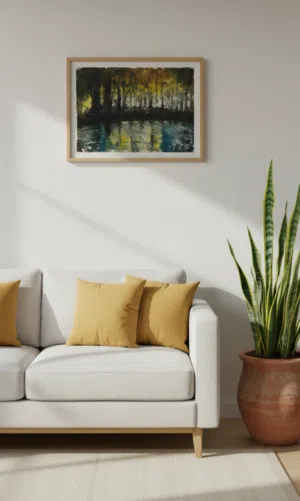 لوحة أكريلك ساحرة انعكاس الأشجار على الماء طول .. مستطيلة الحجم .. 40سم في 30سم