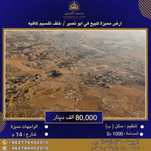 إعلان رقم (6394) أراضٍ مميزة للبيع في أبو نصير – خلف تقسيم كافيه – بإطلالة بانورامية / 1000 م2