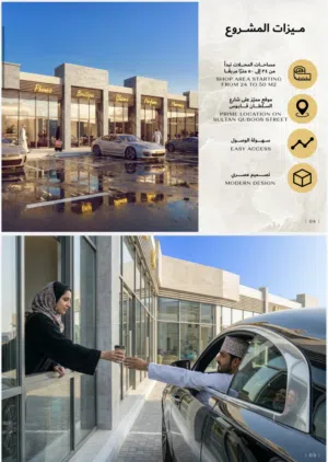 مشروع المزن سكوير بالمعبيلة محلات عصرية بموقع استثنائي وحركة يومية قوية على اول خط الشارع العام