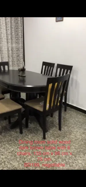 Dining room solid wood dark brown table with 6 chairs, 135 cm x 95 cm x 75 cm. BD199, negotiable