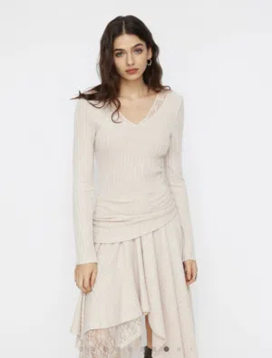 LACE TRIM V-NECK ASYMMETRICAL RUFFLE HEM MIDI DRESS