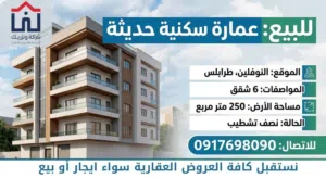 عماره. سته شقق. مفصولات. عماره باركن جاهزه شقق نصف تشظيب