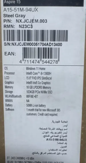 لابتوب لم يستخدم Acer Aspir 15  A15-51M intel core i9 ssd1tb Ram 16gb 15.6 inch