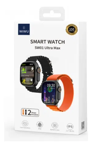 ساعة Sw01 Ultra Max Wiwu الذكية الحساسة للمس مع هيكل فضي وحزام برتقالي وإطار رمادي وتصميم سوار شبكي