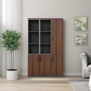 This is a modern wooden office filing cabinet with glass doors and locking compartments.