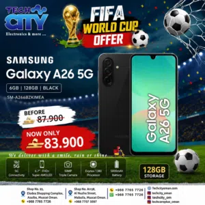 Samsung Galaxy A26 5G with 6GB RAM and 128GB storage in sleek Black color is designed for fast
