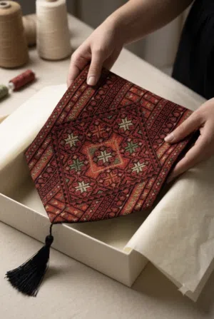 مفرش طاولة تراثي فاخر  120 × 30 سم  تصميم شرقي أنيق مع شرابات زخرفية - توصيل مجاني