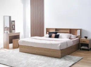 Wooden Platform Bed with Headboard Storage and Matching Nightstand with mattress