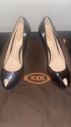 Authentic TOD'S Black Patent Leather Peep-Toe Pumps (Size 39) with Dustbag