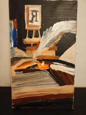 الفلم الحبر الذي يوجد على الريشه والكحول الكبيره والشمعه التي لا تنطفىء والاضاءه الجميلة التي تعكس ا