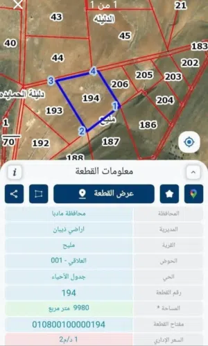 قطعة أرض للبيع في مادبا منطقة مليح حوض العلاقي مساحتها 10 دونمات ، من المالك مباشرة