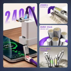 كابل شحن 4 في 1 متعدد الرؤوس (USB-C / USB-A / Lightning) بقدرة 240W