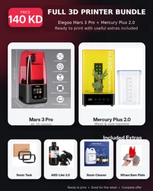 طقم طابعة 3d كامل 2Elegoo Mars3Pro4k+Mercury   تانك إضافي+ غسول تنظيف   ريزن 3.0+  + wham bam plate