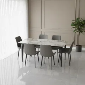 طقم طاولة طعام رخامي مع 6 كراسي باللون الرمادي