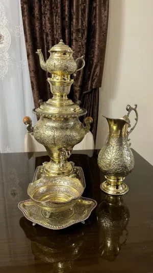 Elegant Handcrafted Brass Samovar Polished perfect condition طقم سماور نحاسي فاخر ومشغول يدوياً