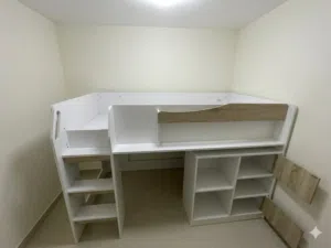 white bed with stairs and cabinets and shelves ( open to offers)