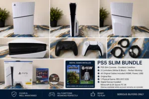 باقة PS5 Slim يدين تحكم + الكرتون + PES 2017 + FC 26 و Minecraft مثبتة