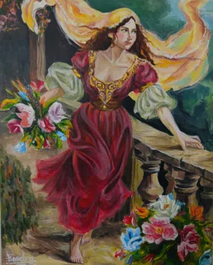 لوحة فنية للبيع بعنوان"سيدة على الشرفة"بالإنجليزية"Lady on the Balcony"