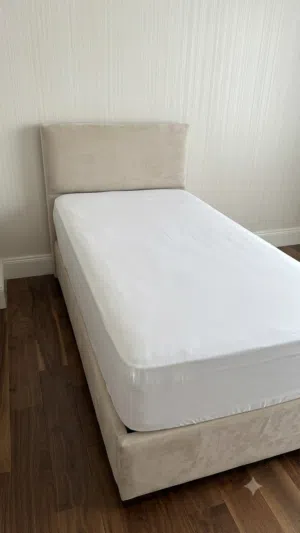 2 Beige Velvet Upholstered Single Bed Frame + Mattresses
