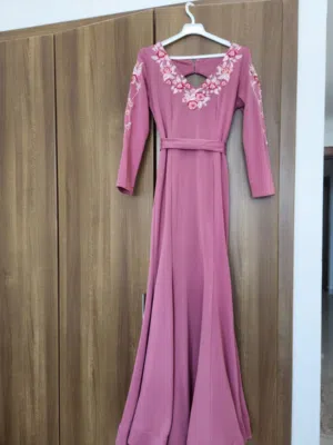Elegant Dusty pink long sleeve evening gown. Perfect for prom wedding and galas
