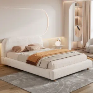 Cream upholstered platform bed frame - modern, gently used