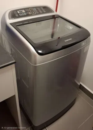 This is a Samsung top load washing machine featuring a dark gray, tempered glass lid 11kg