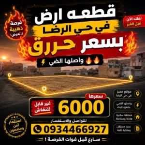 قطعه ارض للبيع بسعر حرررق في حي الرضا 2 الحي الوحيد اللي واصله ضي