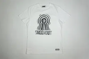 white shirt with "sheekout" logo
